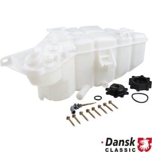 Zbiornik wyrownawczy chlodnicy z czarnym korkiem, czujnikiem poziomu plynu chlodzacego i srubami montazowymi