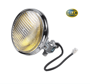 Reflektor Przeciwmgłowy Lewy/Prawy Chrom (z żółtym szkłem, z żarówką, ze znakiem E) do Porsche 911, 912, 914 (63-73, 65-70, 69-76)