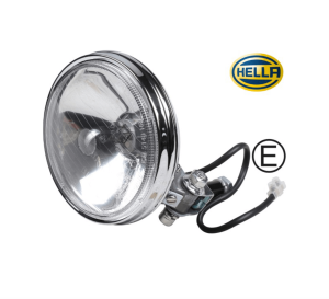 Reflektor Dalekiego Zasięgu Lewy/Prawy Chrom (z przezroczystym szkłem, z żarówką 12 V, Ø 130 mm, ze znakiem E) do Porsche 356 /A/B/C, 911, 912, 914 (50-65, 63-89, 65-70,  69-76)